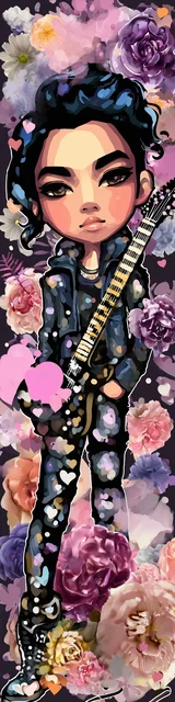 Free teacher bookmark featuring an Asian guitar teacher with a slanted guitar